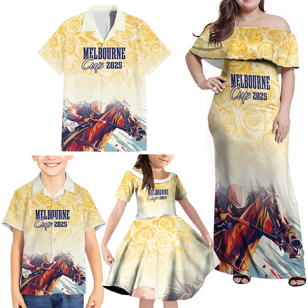 Melbourne Horse Racing Family Matching Off Shoulder Maxi Dress and Hawaiian Shirt Yellow Rose Champion - Wonder Print Shop