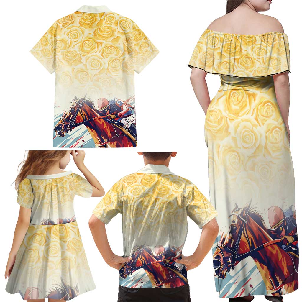 Melbourne Horse Racing Family Matching Off Shoulder Maxi Dress and Hawaiian Shirt Yellow Rose Champion - Wonder Print Shop