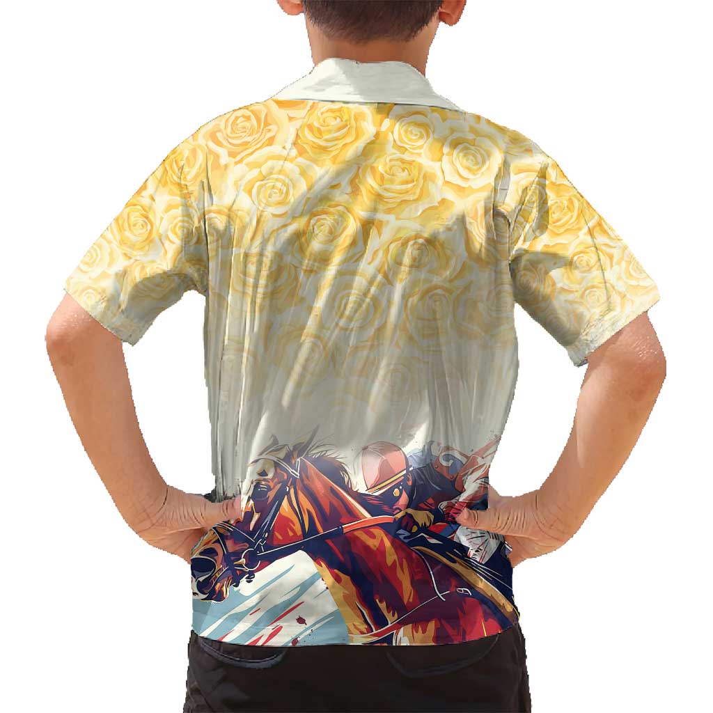 Melbourne Horse Racing Family Matching Off Shoulder Short Dress and Hawaiian Shirt Yellow Rose Champion - Wonder Print Shop