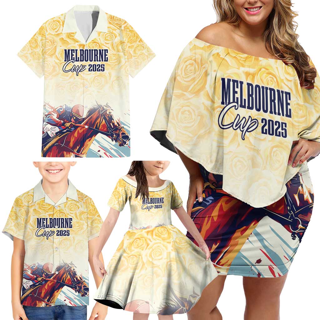 Melbourne Horse Racing Family Matching Off Shoulder Short Dress and Hawaiian Shirt Yellow Rose Champion - Wonder Print Shop
