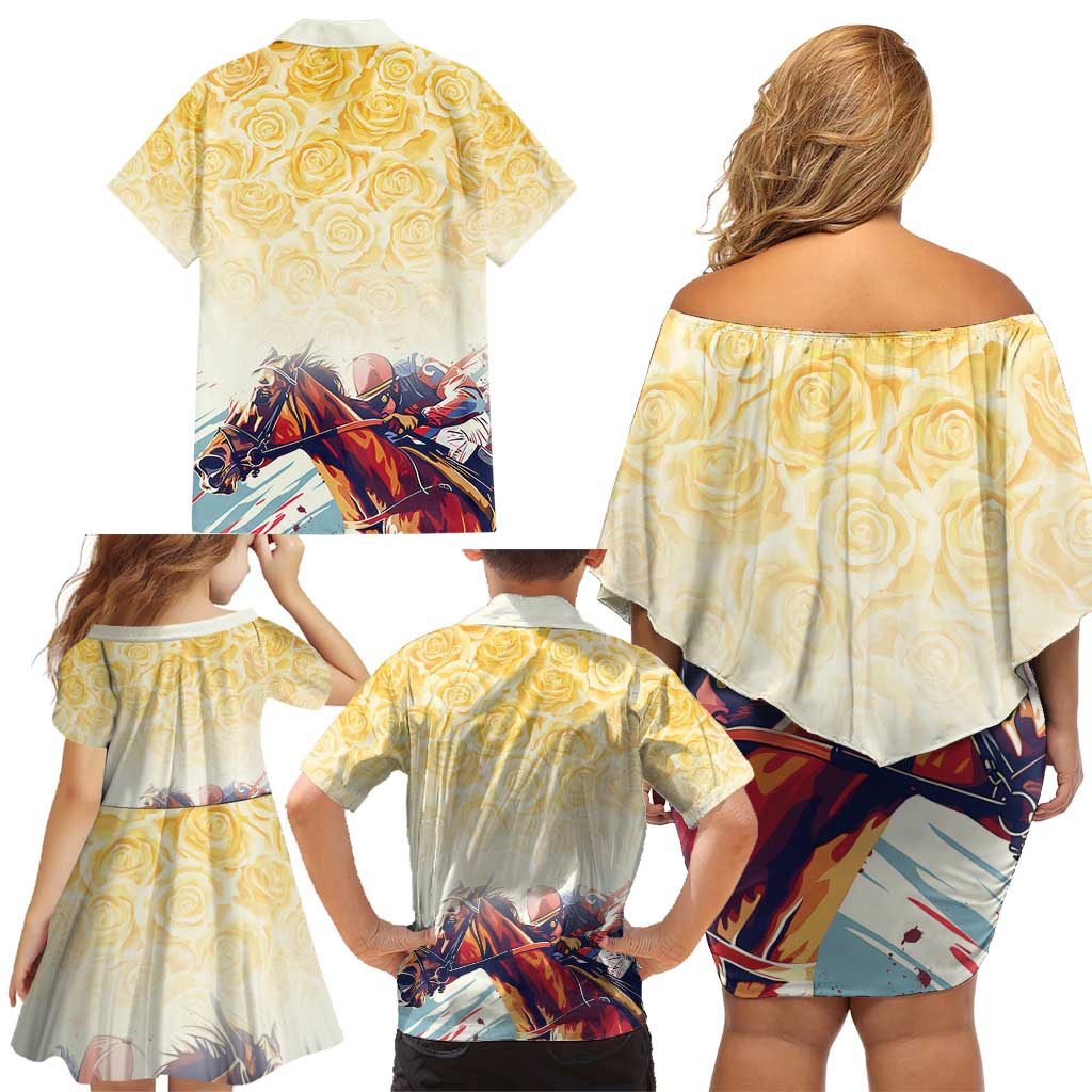 Melbourne Horse Racing Family Matching Off Shoulder Short Dress and Hawaiian Shirt Yellow Rose Champion - Wonder Print Shop