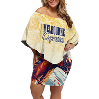 Melbourne Horse Racing Family Matching Off Shoulder Short Dress and Hawaiian Shirt Yellow Rose Champion - Wonder Print Shop