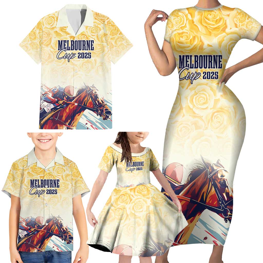 Melbourne Horse Racing Family Matching Short Sleeve Bodycon Dress and Hawaiian Shirt Yellow Rose Champion - Wonder Print Shop