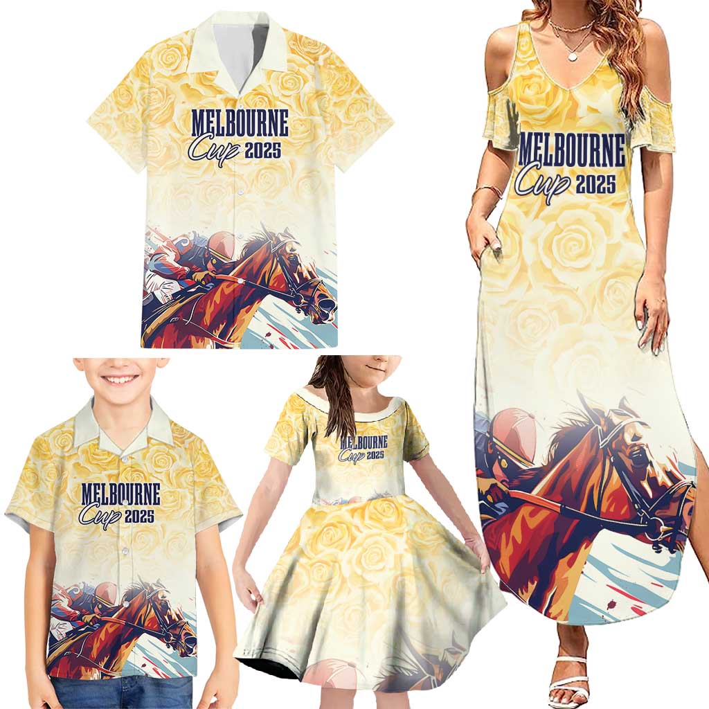 Melbourne Horse Racing Family Matching Summer Maxi Dress and Hawaiian Shirt Yellow Rose Champion - Wonder Print Shop