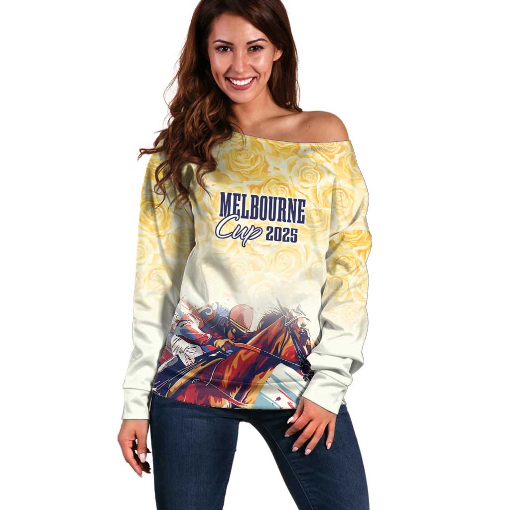 Melbourne Horse Racing Off Shoulder Sweater Yellow Rose Champion - Wonder Print Shop