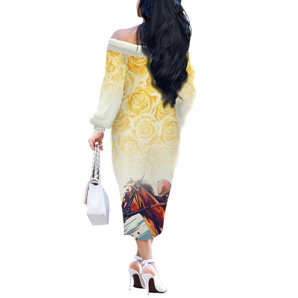 Melbourne Horse Racing Off The Shoulder Long Sleeve Dress Yellow Rose Champion - Wonder Print Shop