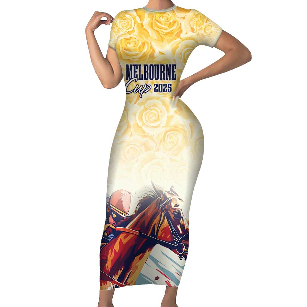 Melbourne Horse Racing Short Sleeve Bodycon Dress Yellow Rose Champion - Wonder Print Shop