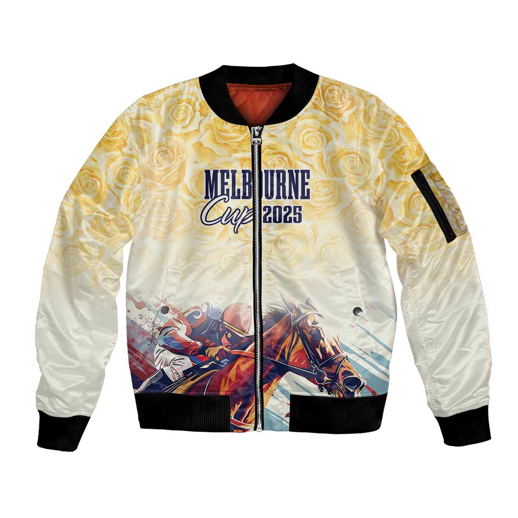 Melbourne Horse Racing Sleeve Zip Bomber Jacket Yellow Rose Champion - Wonder Print Shop