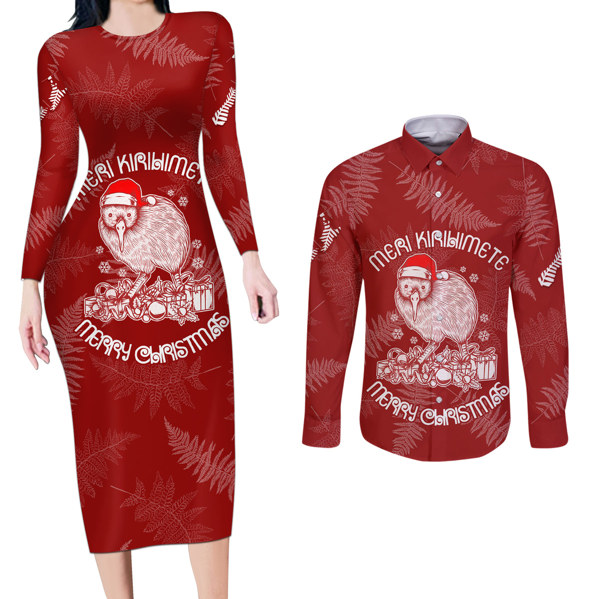 New Zealand Christmas Couples Matching Long Sleeve Bodycon Dress and Long Sleeve Button Shirts Silver Fern Mix Kiwi Bird Ver01 LT7 - Wonder Print Shop