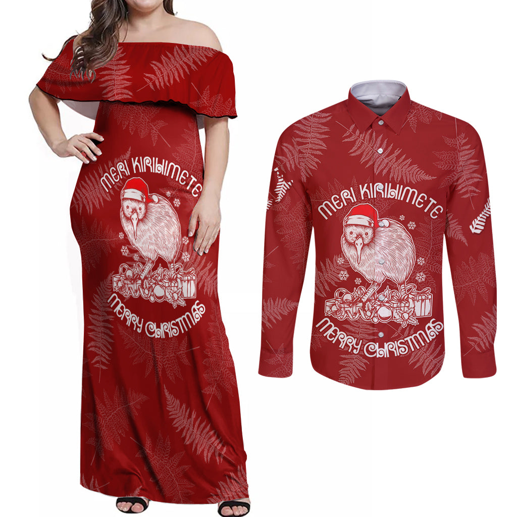 New Zealand Christmas Couples Matching Off Shoulder Maxi Dress and Long Sleeve Button Shirts Silver Fern Mix Kiwi Bird Ver01 LT7 - Wonder Print Shop