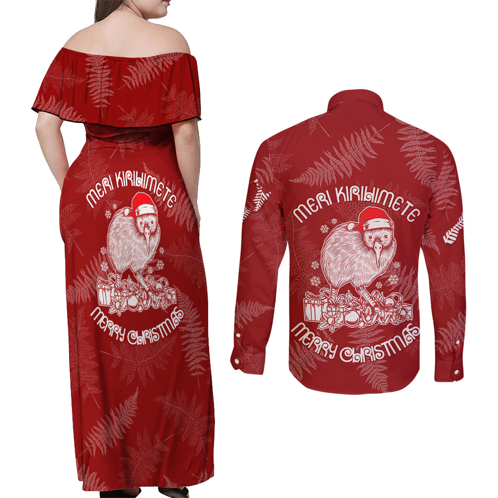 New Zealand Christmas Couples Matching Off Shoulder Maxi Dress and Long Sleeve Button Shirts Silver Fern Mix Kiwi Bird Ver01 LT7 - Wonder Print Shop
