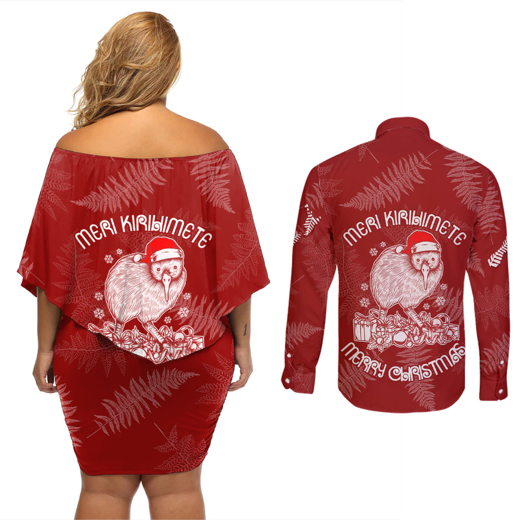 New Zealand Christmas Couples Matching Off Shoulder Short Dress and Long Sleeve Button Shirts Silver Fern Mix Kiwi Bird Ver01 LT7 - Wonder Print Shop