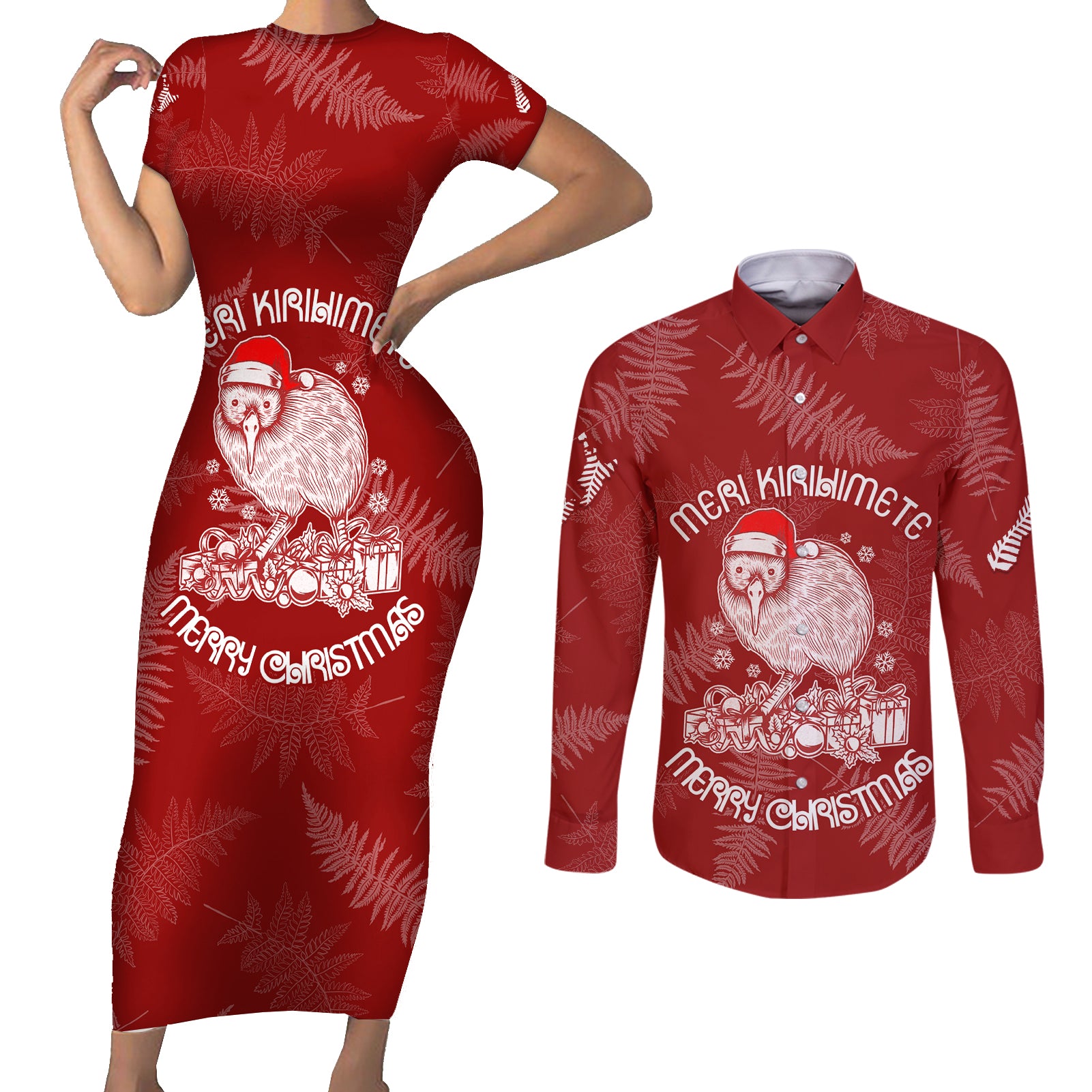New Zealand Christmas Couples Matching Short Sleeve Bodycon Dress and Long Sleeve Button Shirts Silver Fern Mix Kiwi Bird Ver01 LT7 - Wonder Print Shop