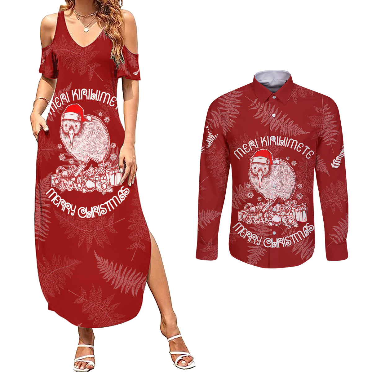 New Zealand Christmas Couples Matching Summer Maxi Dress and Long Sleeve Button Shirts Silver Fern Mix Kiwi Bird Ver01 LT7 - Wonder Print Shop