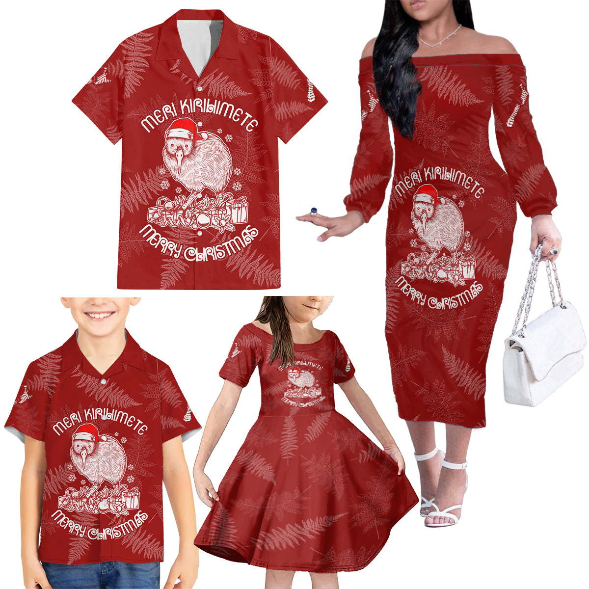 New Zealand Christmas Family Matching Off Shoulder Long Sleeve Dress and Hawaiian Shirt Silver Fern Mix Kiwi Bird Ver01 - Wonder Print Shop