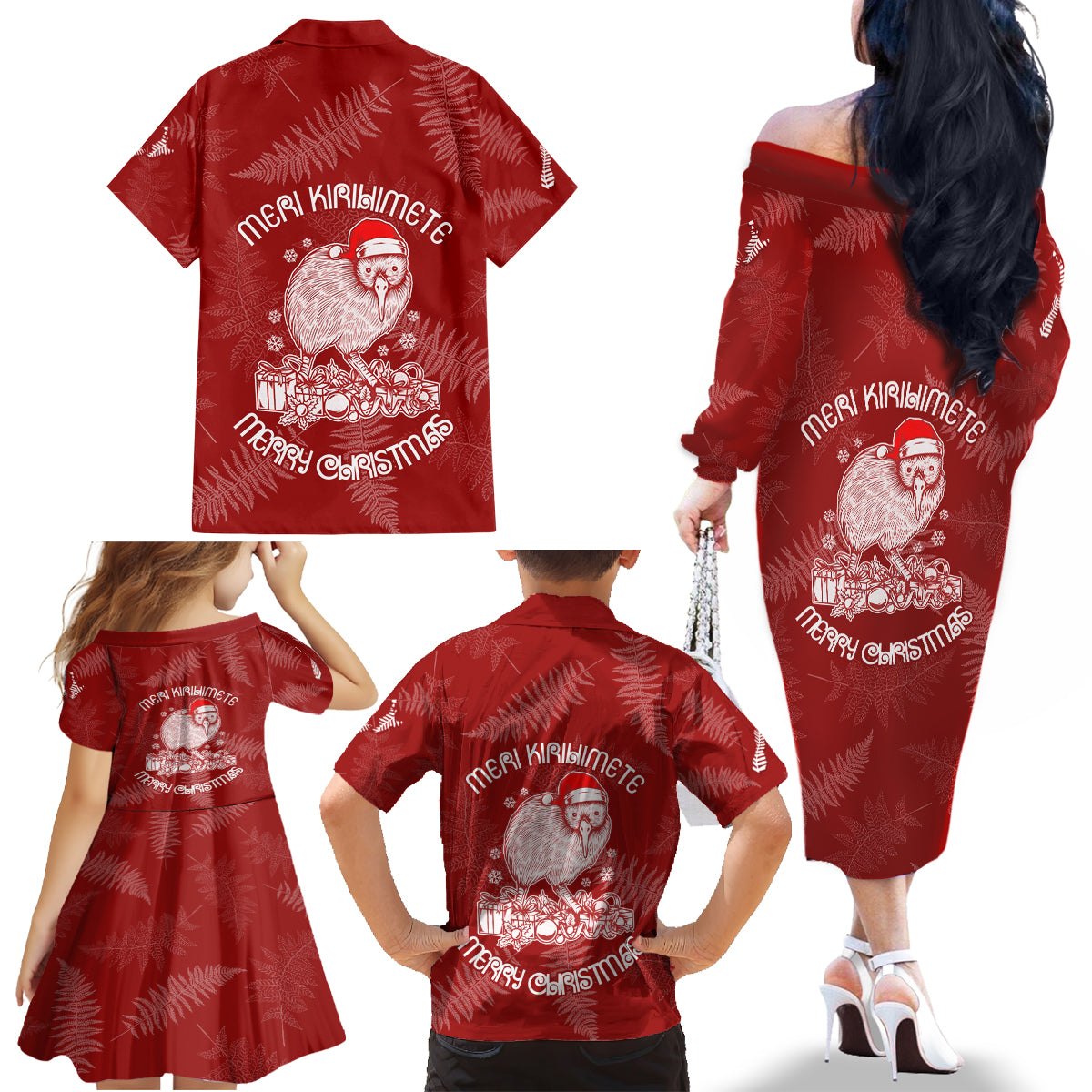 New Zealand Christmas Family Matching Off Shoulder Long Sleeve Dress and Hawaiian Shirt Silver Fern Mix Kiwi Bird Ver01 - Wonder Print Shop