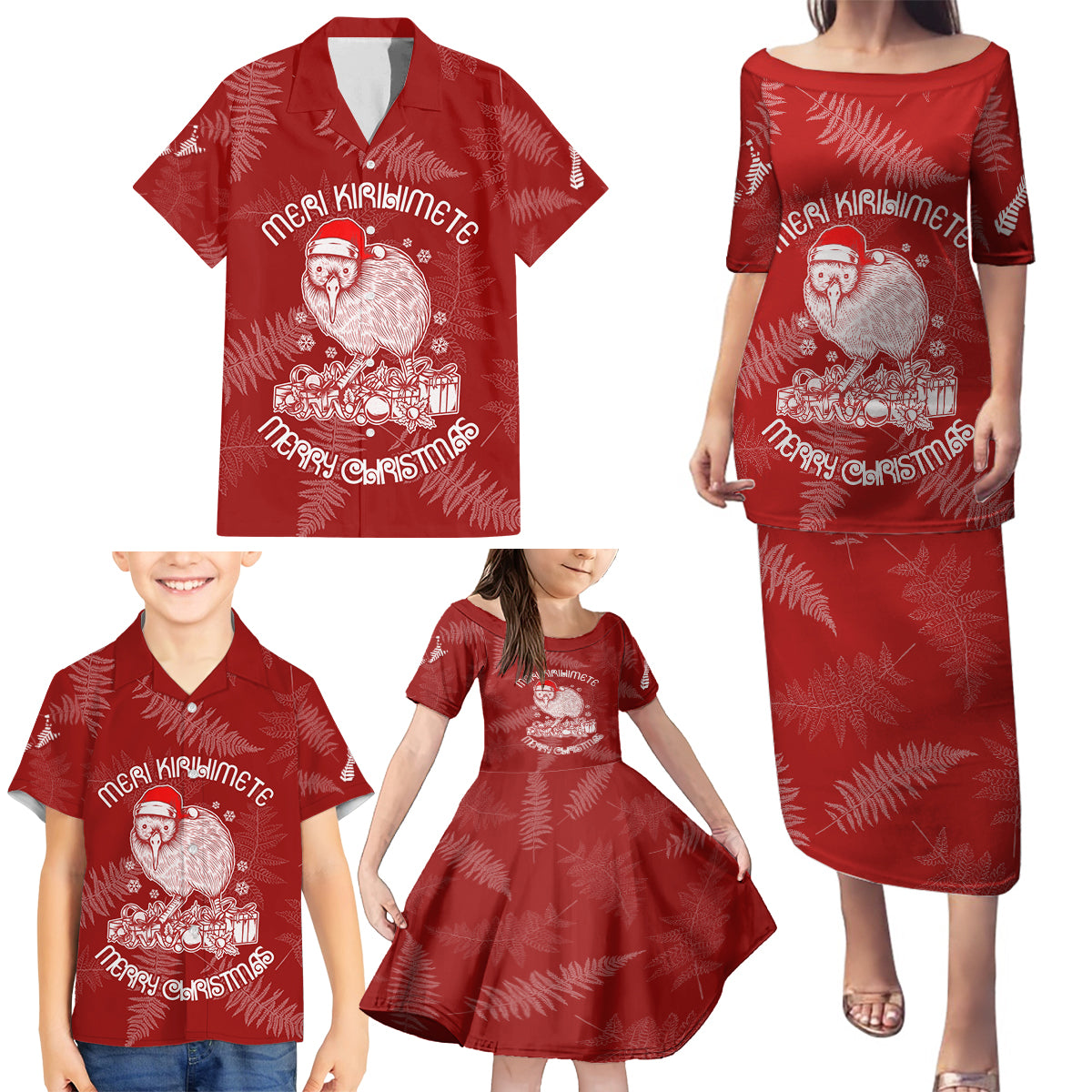 New Zealand Christmas Family Matching Puletasi Dress and Hawaiian Shirt Silver Fern Mix Kiwi Bird Ver01 - Wonder Print Shop