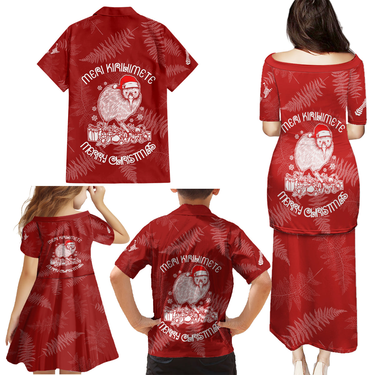New Zealand Christmas Family Matching Puletasi Dress and Hawaiian Shirt Silver Fern Mix Kiwi Bird Ver01 - Wonder Print Shop