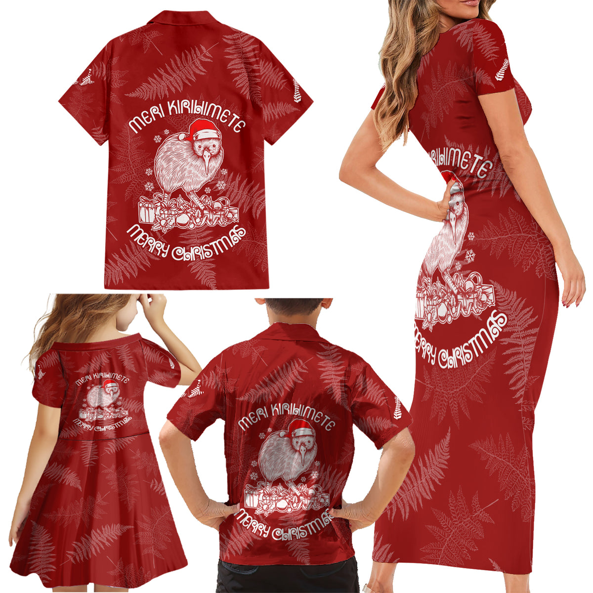 New Zealand Christmas Family Matching Short Sleeve Bodycon Dress and Hawaiian Shirt Silver Fern Mix Kiwi Bird Ver01 - Wonder Print Shop