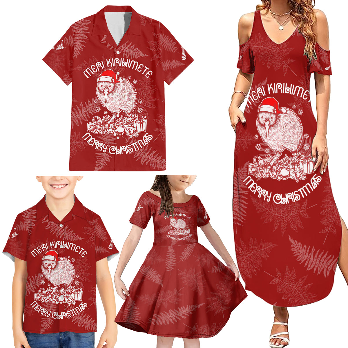 New Zealand Christmas Family Matching Summer Maxi Dress and Hawaiian Shirt Silver Fern Mix Kiwi Bird Ver01 - Wonder Print Shop