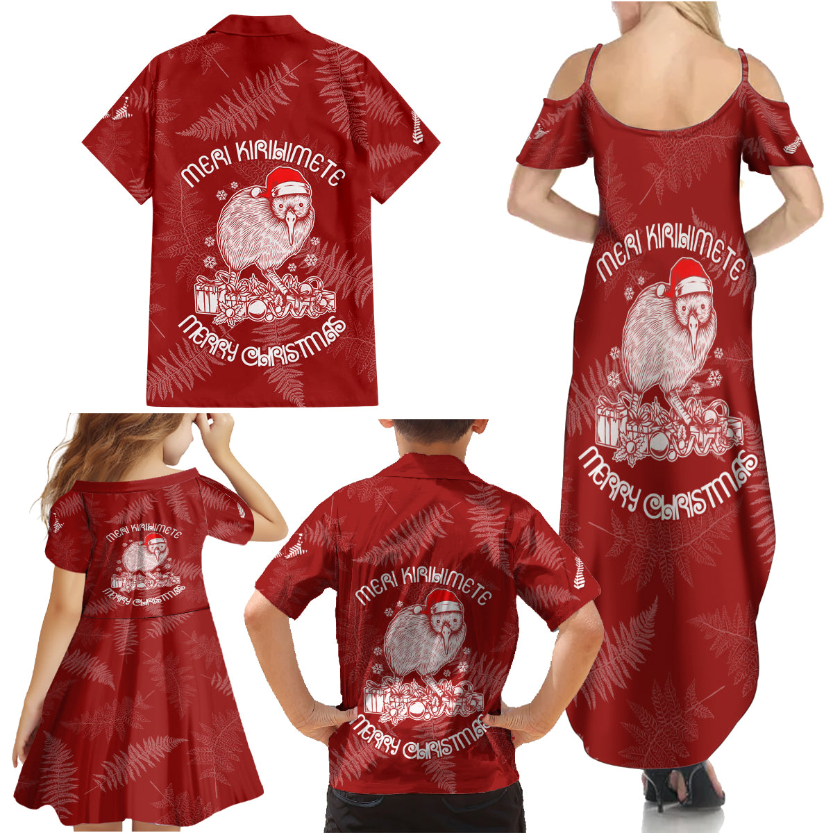 New Zealand Christmas Family Matching Summer Maxi Dress and Hawaiian Shirt Silver Fern Mix Kiwi Bird Ver01 - Wonder Print Shop