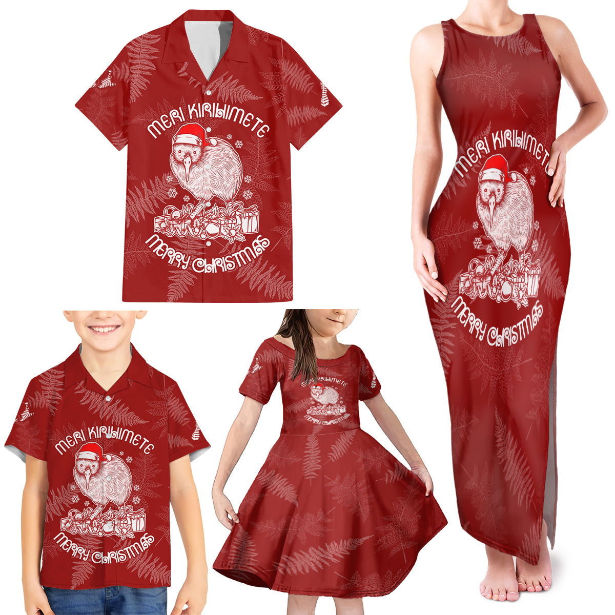 New Zealand Christmas Family Matching Tank Maxi Dress and Hawaiian Shirt Silver Fern Mix Kiwi Bird Ver01 - Wonder Print Shop