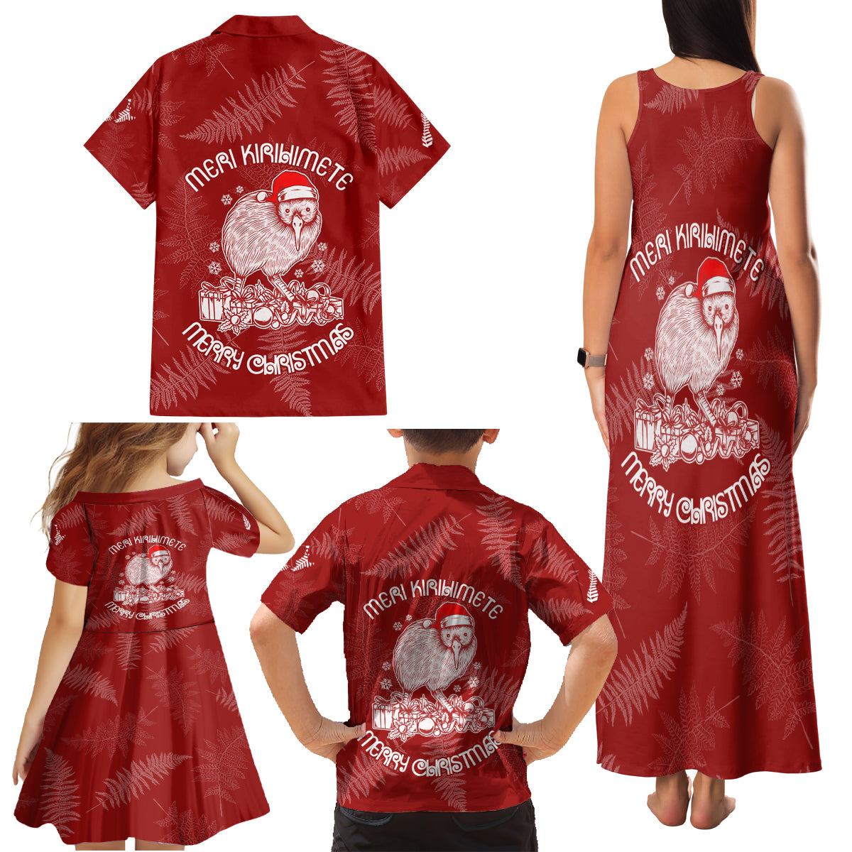 New Zealand Christmas Family Matching Tank Maxi Dress and Hawaiian Shirt Silver Fern Mix Kiwi Bird Ver01 - Wonder Print Shop