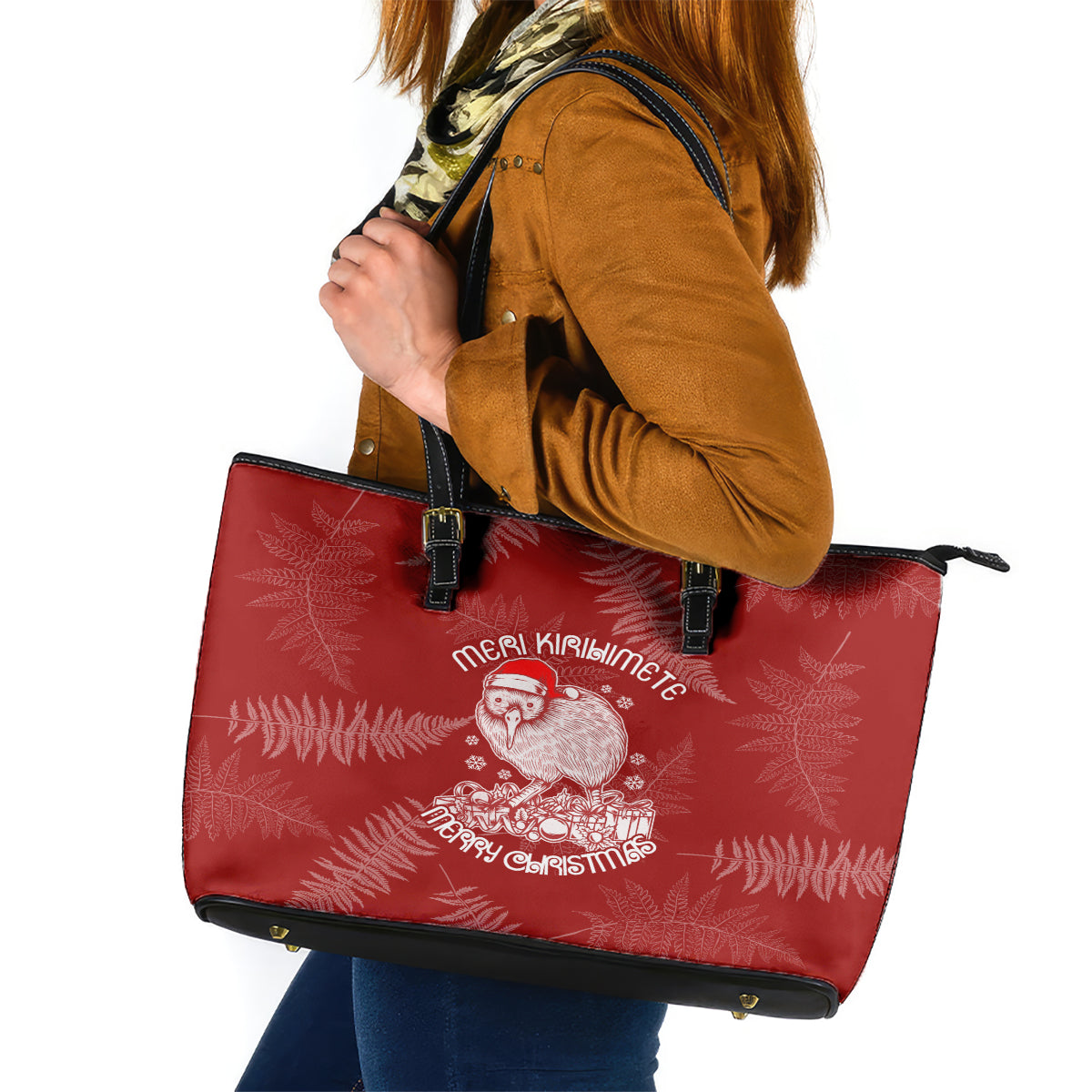 New Zealand Christmas Leather Tote Bag Silver Fern Mix Kiwi Bird Ver01 - Wonder Print Shop