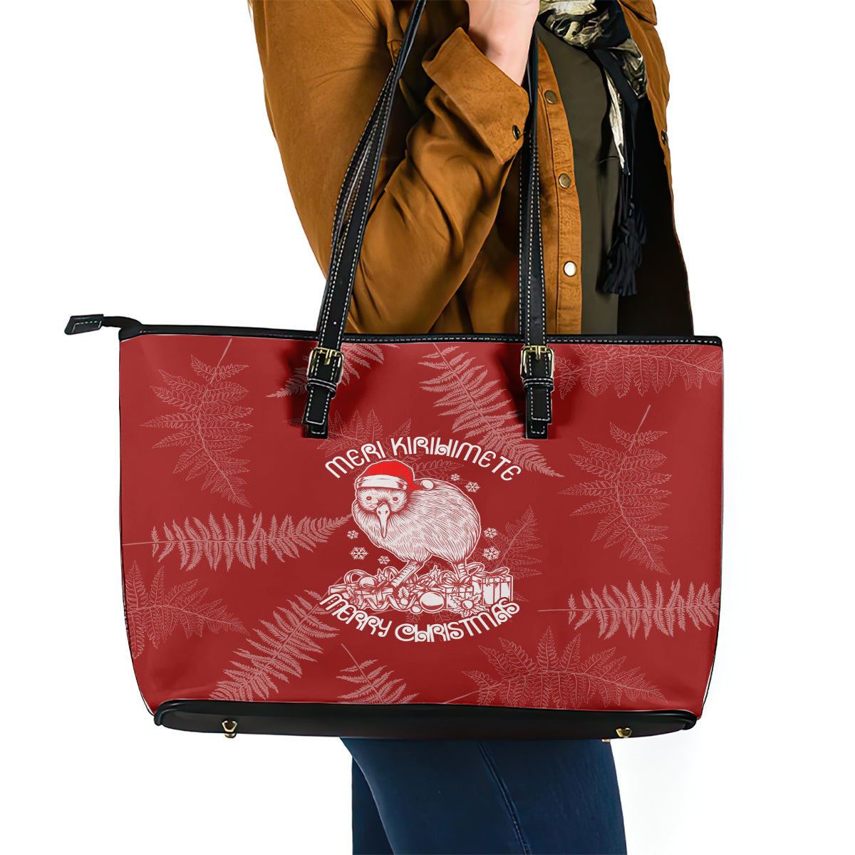 New Zealand Christmas Leather Tote Bag Silver Fern Mix Kiwi Bird Ver01 - Wonder Print Shop