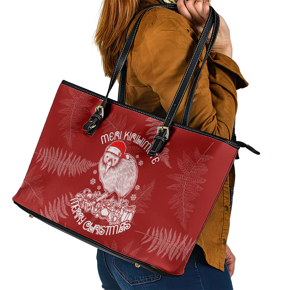 New Zealand Christmas Leather Tote Bag Silver Fern Mix Kiwi Bird Ver01 - Wonder Print Shop