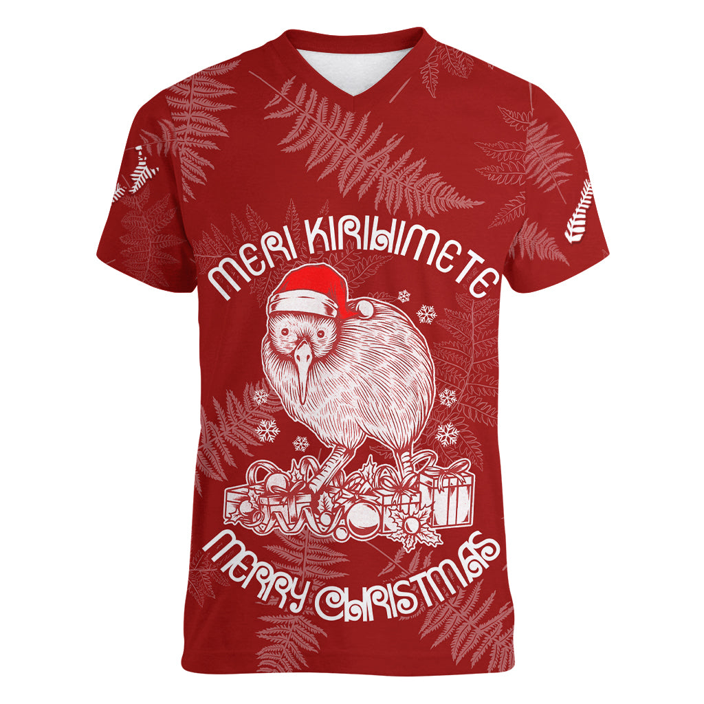 New Zealand Christmas Women V Neck T Shirt Silver Fern Mix Kiwi Bird Ver01 - Wonder Print Shop