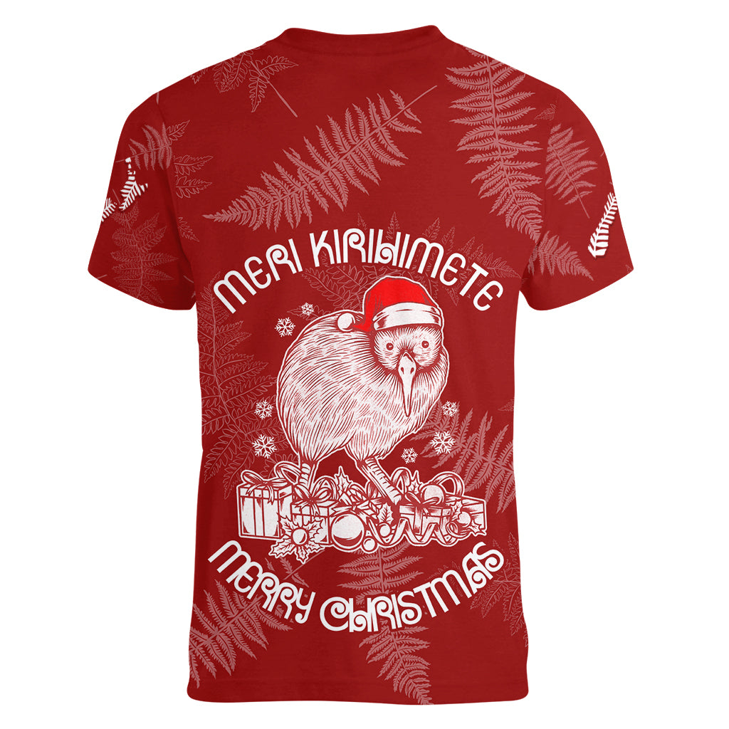 New Zealand Christmas Women V Neck T Shirt Silver Fern Mix Kiwi Bird Ver01 - Wonder Print Shop