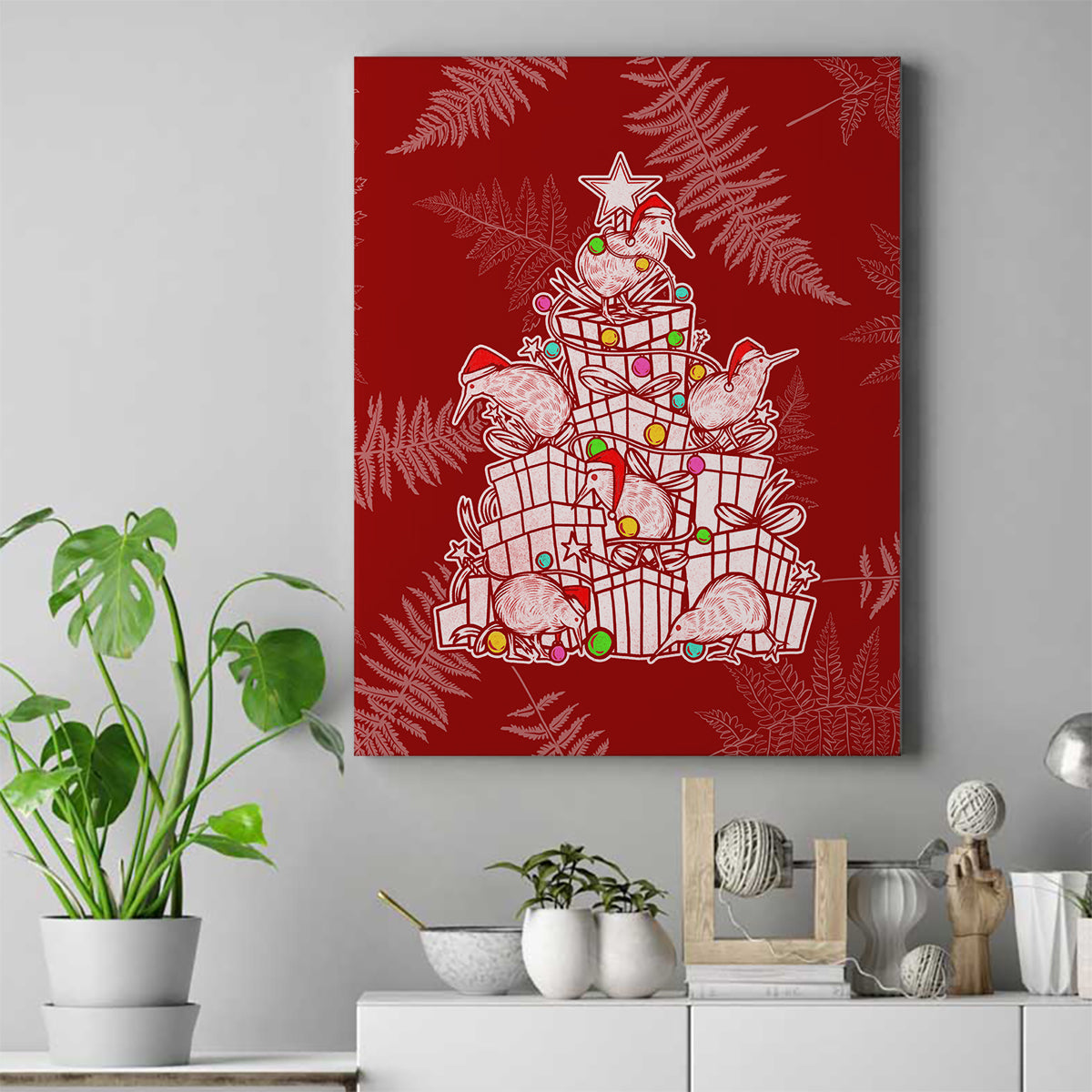 New Zealand Christmas Canvas Wall Art Silver Fern Mix Kiwi Bird Ver02 LT7 - Wonder Print Shop