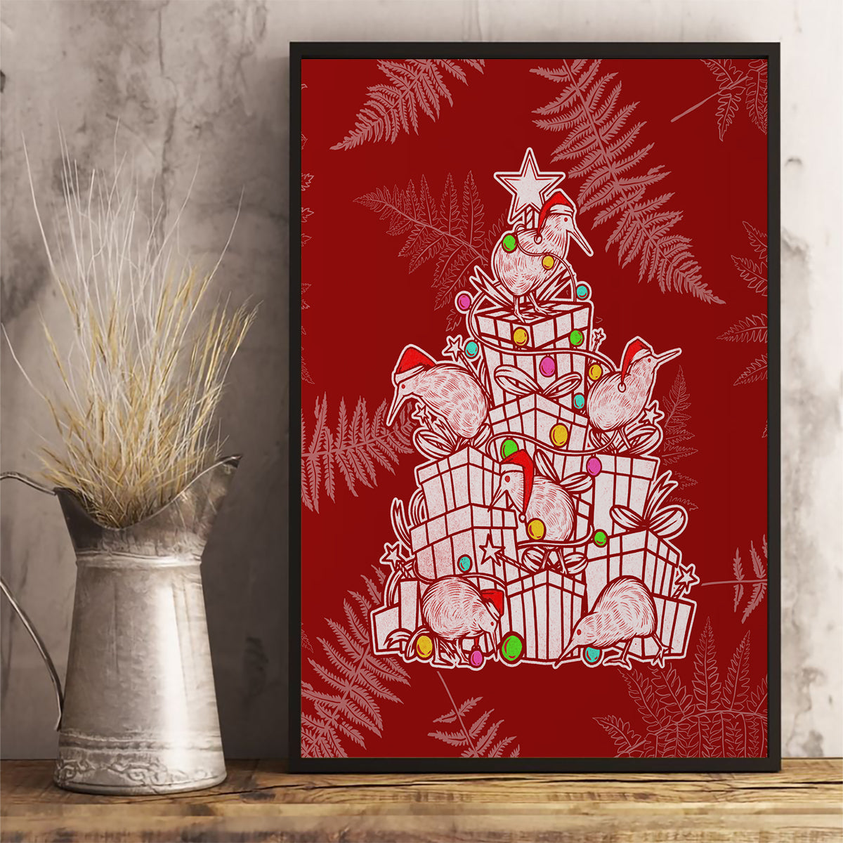 New Zealand Christmas Canvas Wall Art Silver Fern Mix Kiwi Bird Ver02 LT7 - Wonder Print Shop