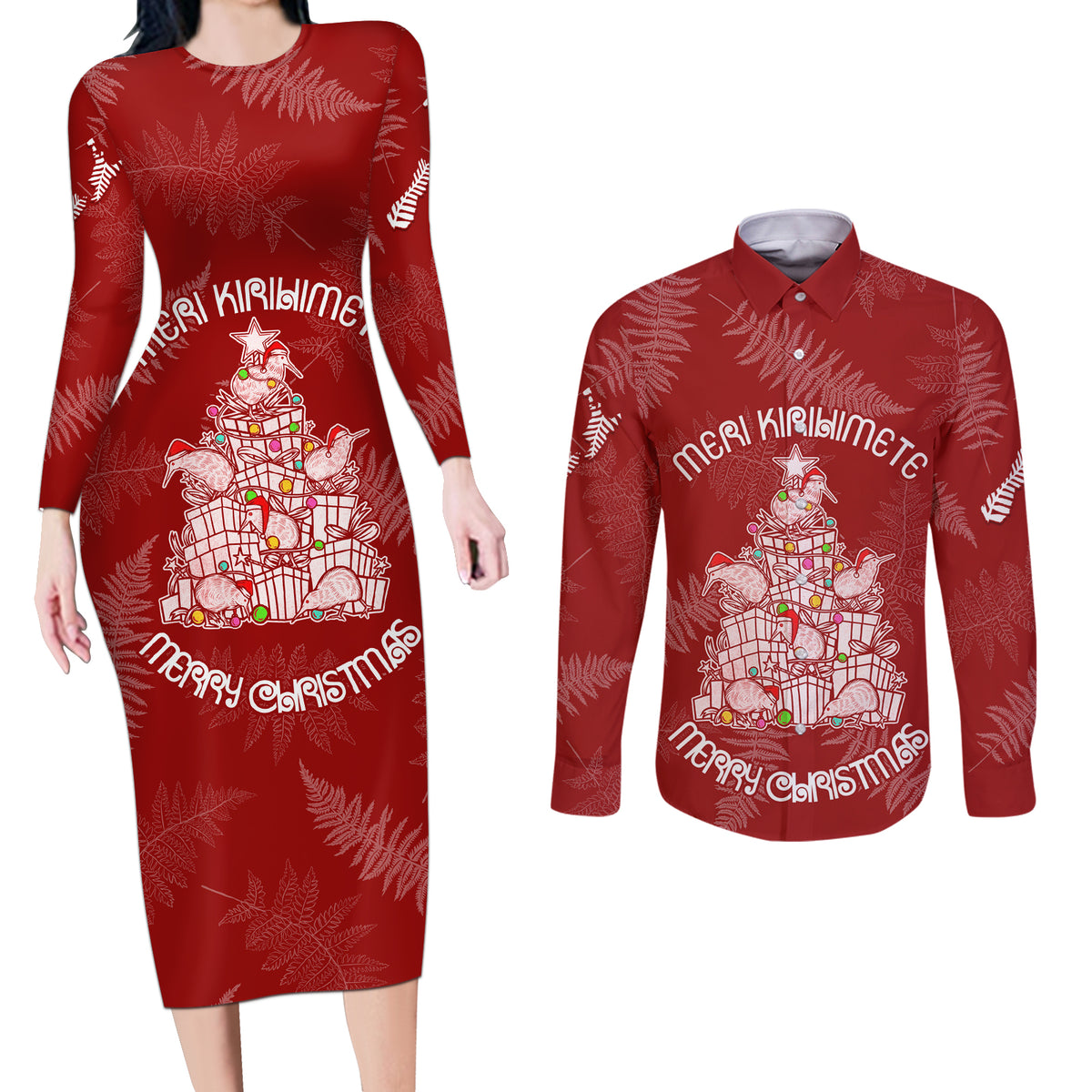 New Zealand Christmas Couples Matching Long Sleeve Bodycon Dress and Long Sleeve Button Shirts Silver Fern Mix Kiwi Bird Ver02 LT7 - Wonder Print Shop