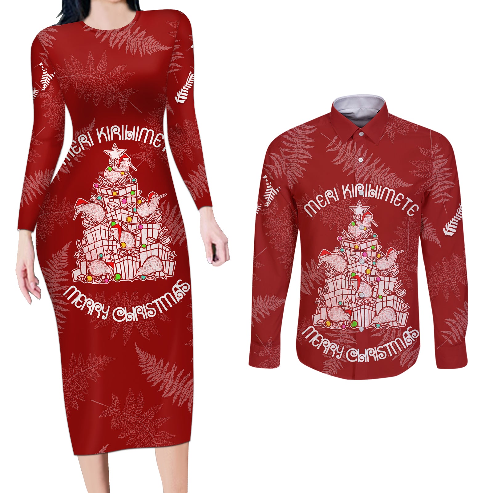 New Zealand Christmas Couples Matching Long Sleeve Bodycon Dress and Long Sleeve Button Shirts Silver Fern Mix Kiwi Bird Ver02 LT7 - Wonder Print Shop