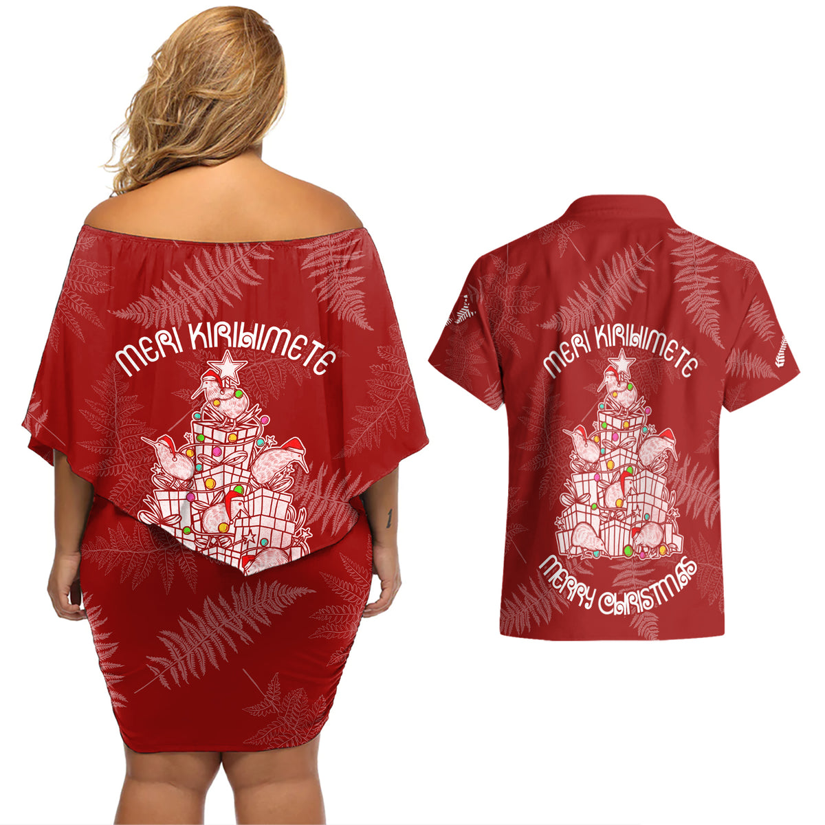 New Zealand Christmas Couples Matching Off Shoulder Short Dress and Hawaiian Shirt Silver Fern Mix Kiwi Bird Ver02 LT7 - Wonder Print Shop