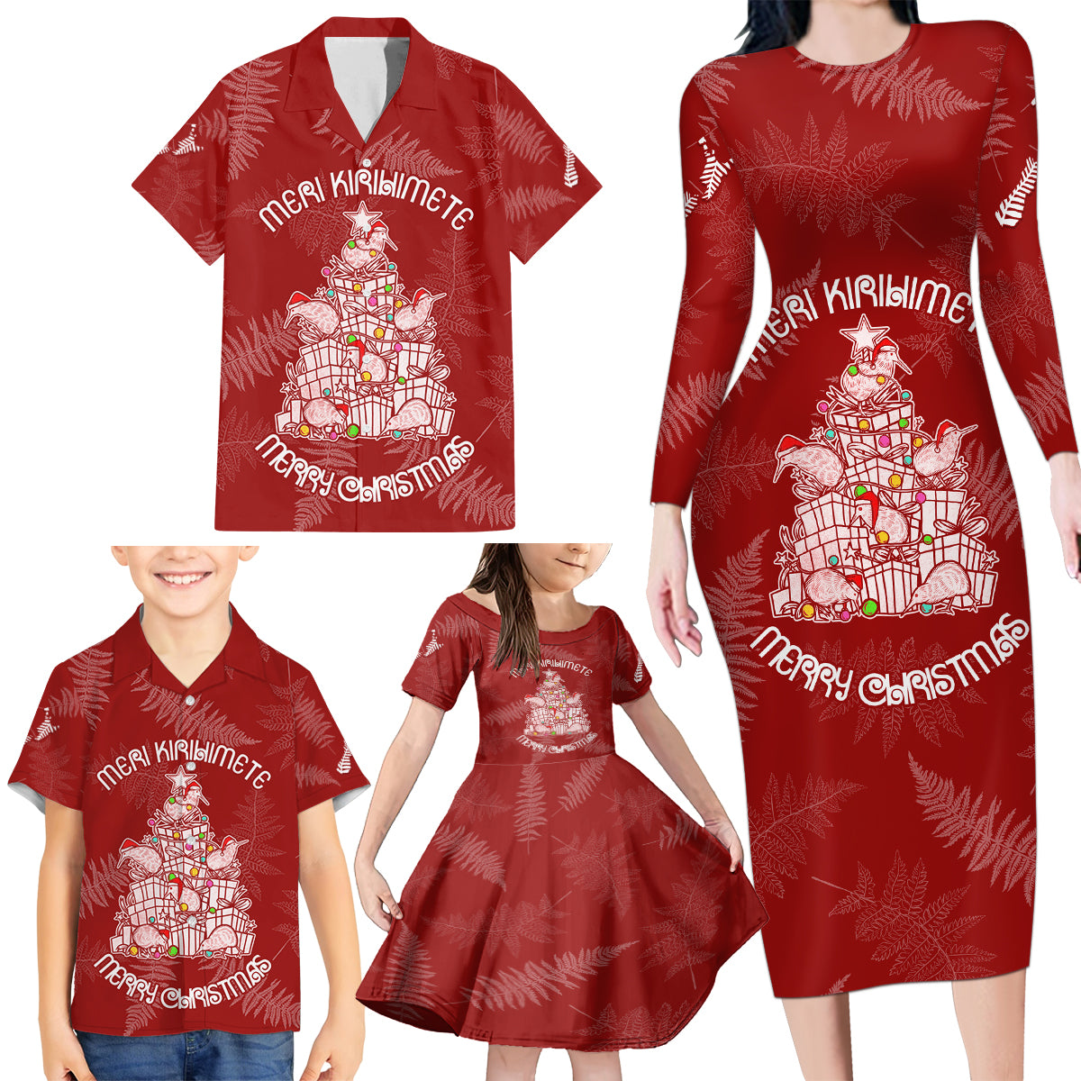 New Zealand Christmas Family Matching Long Sleeve Bodycon Dress and Hawaiian Shirt Silver Fern Mix Kiwi Bird Ver02 LT7 - Wonder Print Shop