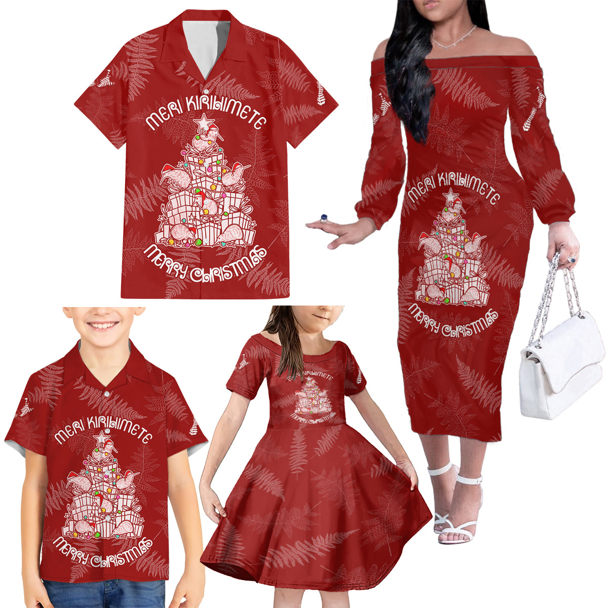 New Zealand Christmas Family Matching Off Shoulder Long Sleeve Dress and Hawaiian Shirt Silver Fern Mix Kiwi Bird Ver02 - Wonder Print Shop