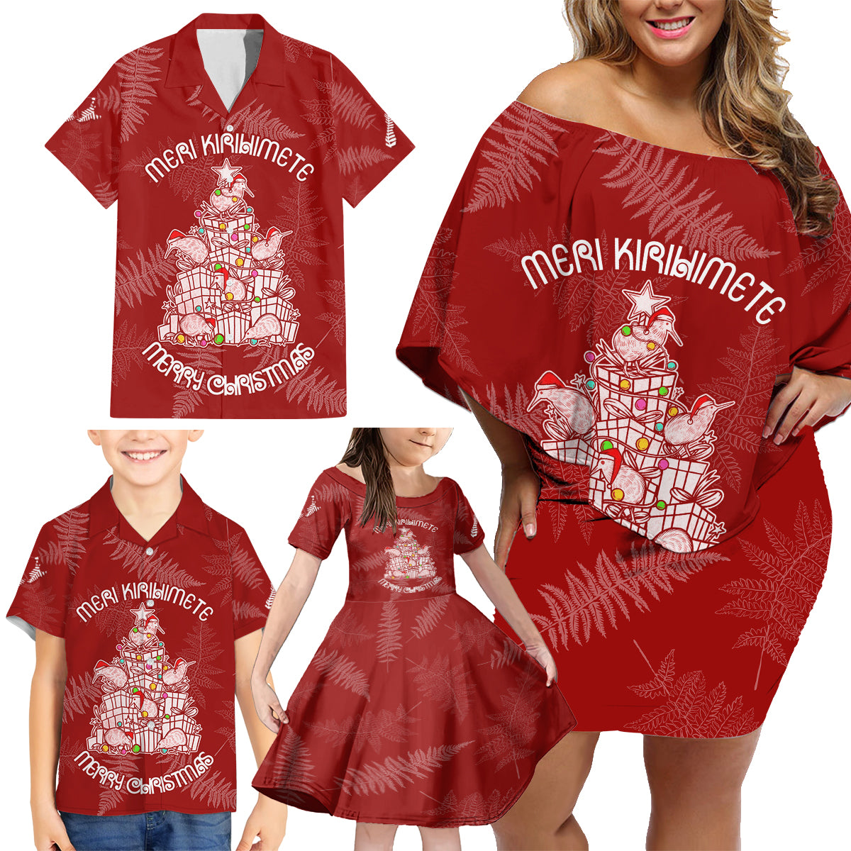 New Zealand Christmas Family Matching Off Shoulder Short Dress and Hawaiian Shirt Silver Fern Mix Kiwi Bird Ver02 LT7 - Wonder Print Shop