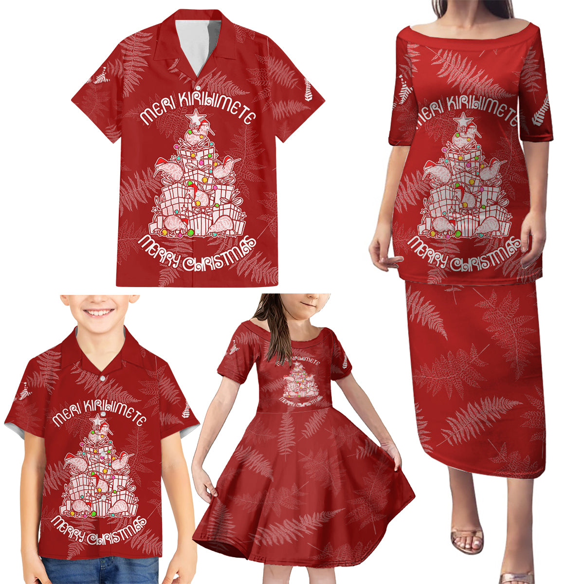 New Zealand Christmas Family Matching Puletasi Dress and Hawaiian Shirt Silver Fern Mix Kiwi Bird Ver02 - Wonder Print Shop
