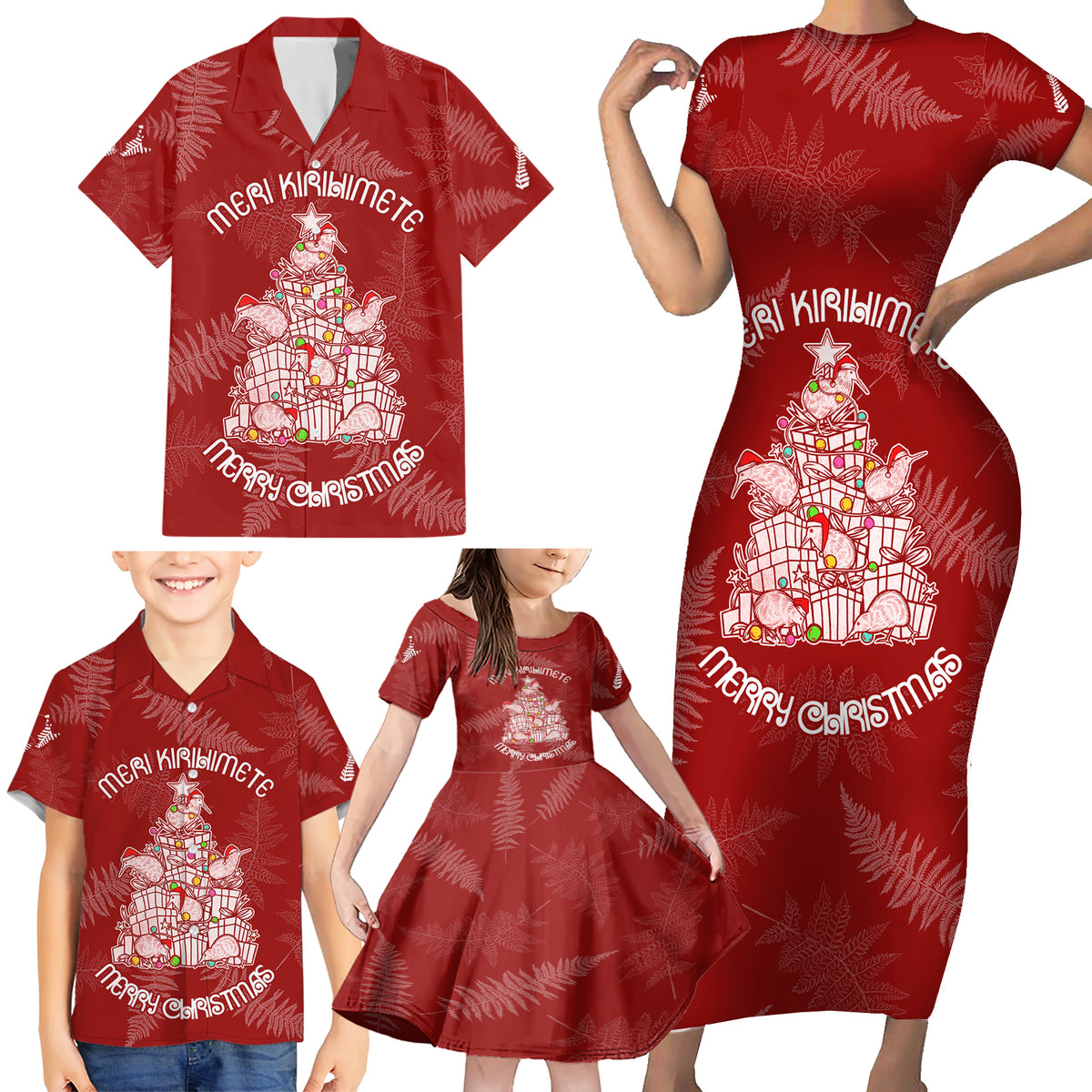 New Zealand Christmas Family Matching Short Sleeve Bodycon Dress and Hawaiian Shirt Silver Fern Mix Kiwi Bird Ver02 - Wonder Print Shop