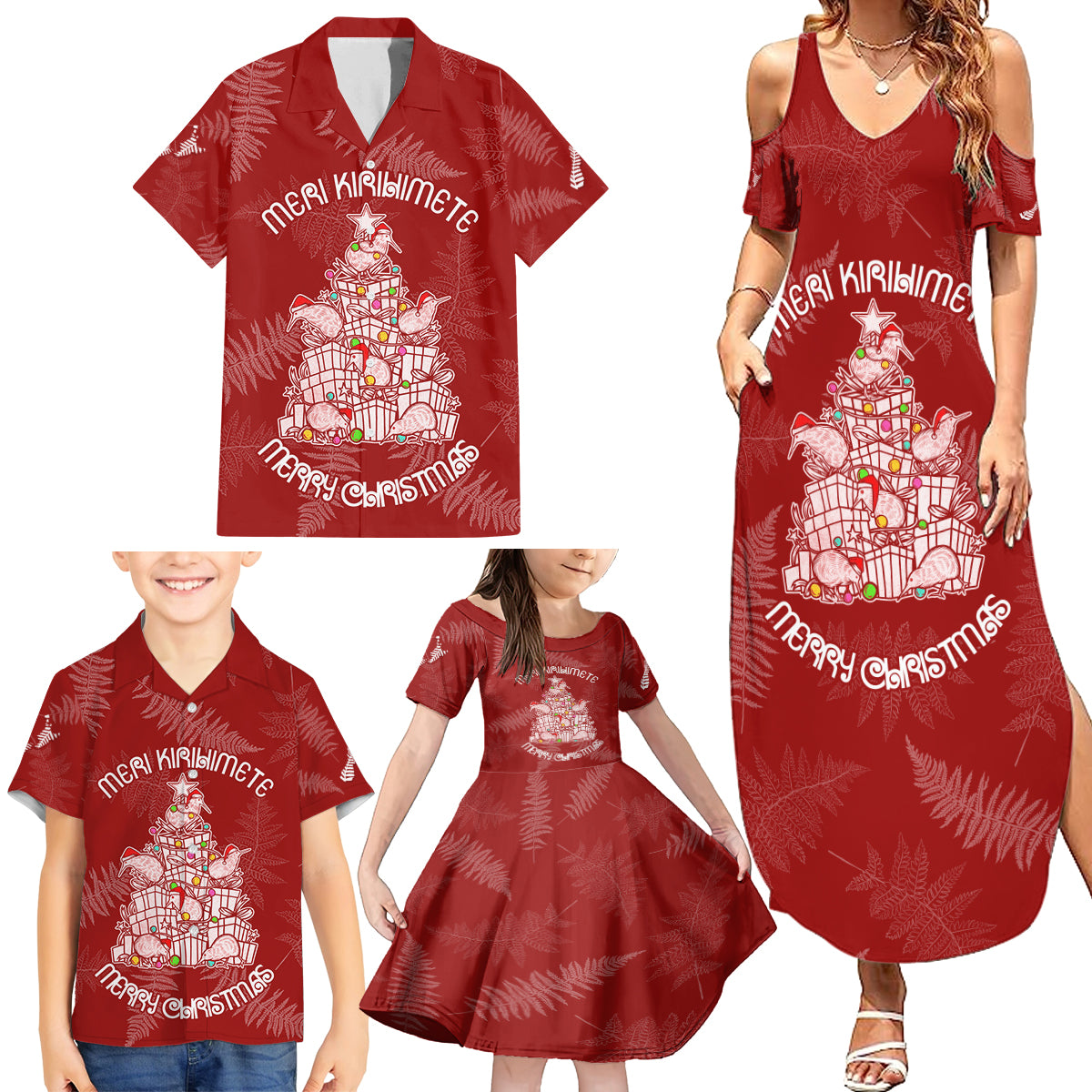 New Zealand Christmas Family Matching Summer Maxi Dress and Hawaiian Shirt Silver Fern Mix Kiwi Bird Ver02 - Wonder Print Shop
