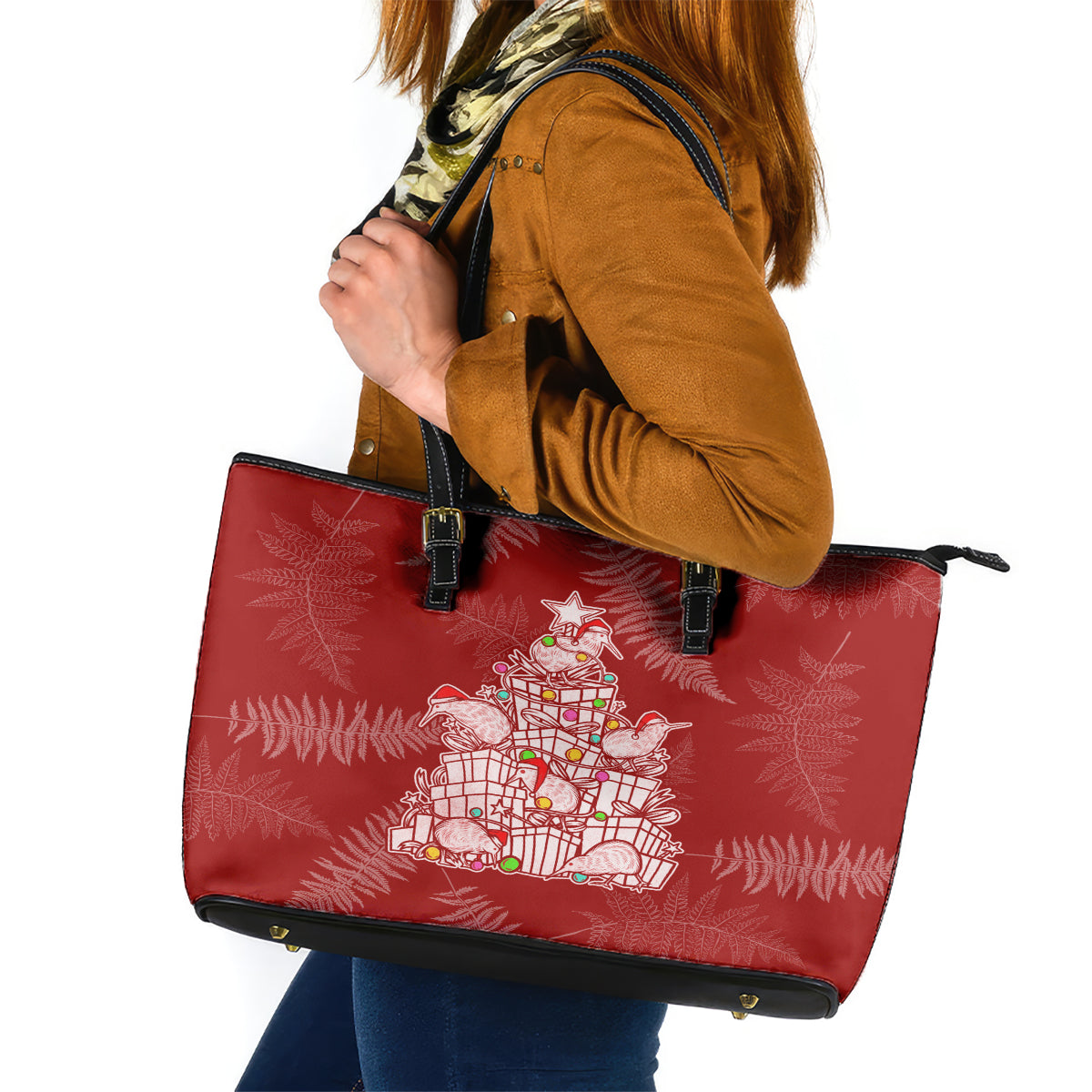 New Zealand Christmas Leather Tote Bag Silver Fern Mix Kiwi Bird Ver02 - Wonder Print Shop
