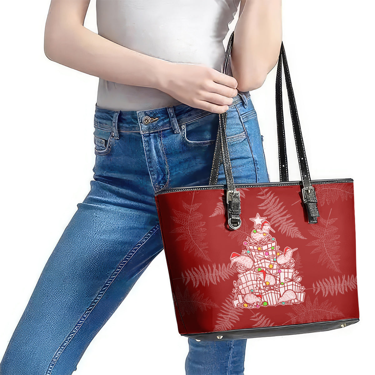 New Zealand Christmas Leather Tote Bag Silver Fern Mix Kiwi Bird Ver02 - Wonder Print Shop