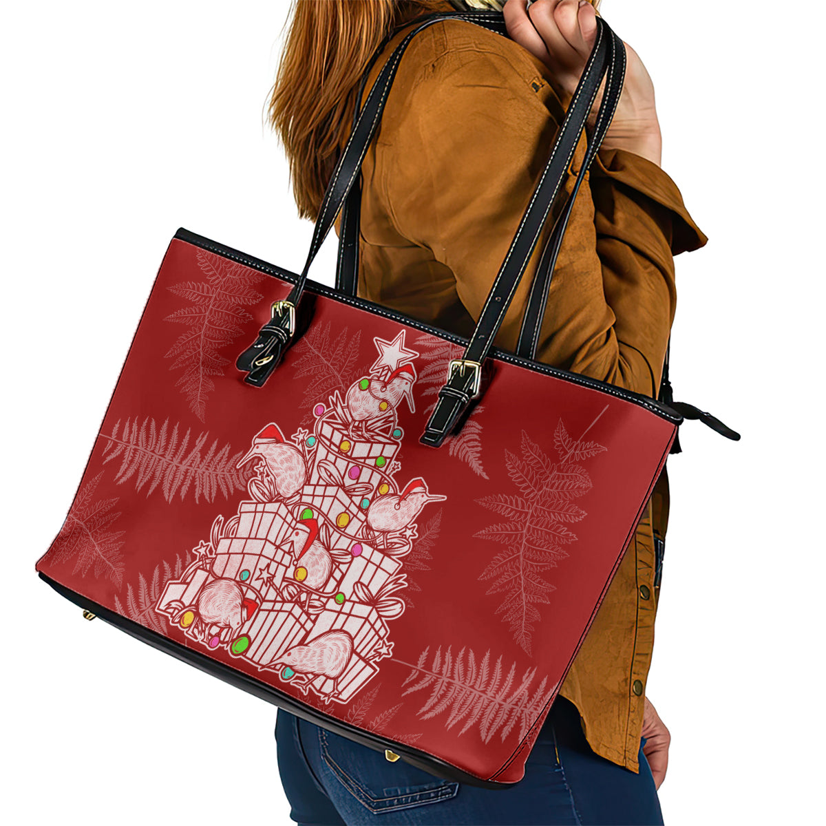 New Zealand Christmas Leather Tote Bag Silver Fern Mix Kiwi Bird Ver02 - Wonder Print Shop