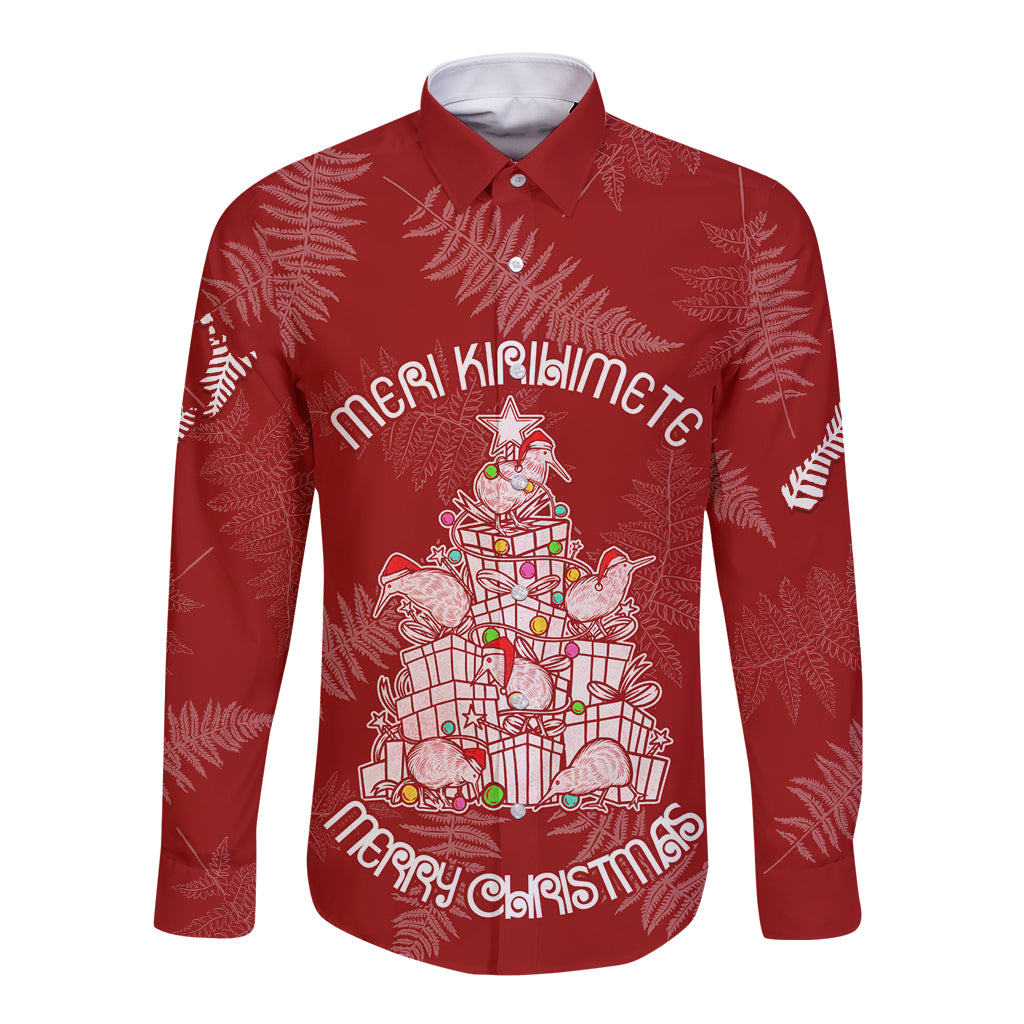 New Zealand Christmas Long Sleeve Button Shirt Silver Fern Mix Kiwi Bird Ver02 - Wonder Print Shop