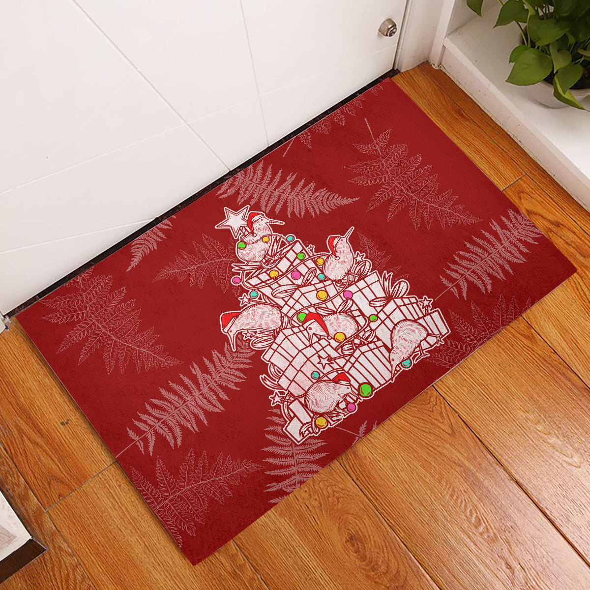 New Zealand Christmas Rubber Doormat Silver Fern Mix Kiwi Bird Ver02 - Wonder Print Shop