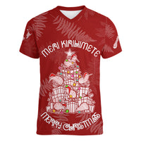 New Zealand Christmas Women V Neck T Shirt Silver Fern Mix Kiwi Bird Ver02 - Wonder Print Shop