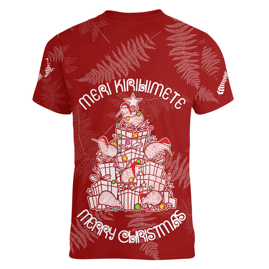 New Zealand Christmas Women V Neck T Shirt Silver Fern Mix Kiwi Bird Ver02 - Wonder Print Shop